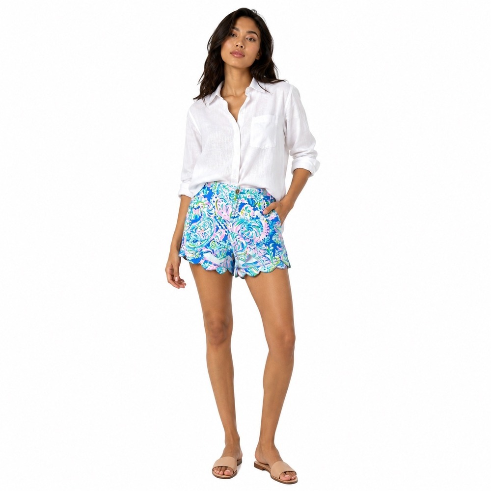 Lilly Pulitzer Womens Buttercup Scallop Hem Shorts Blue Paisley 8 Coastal Resort